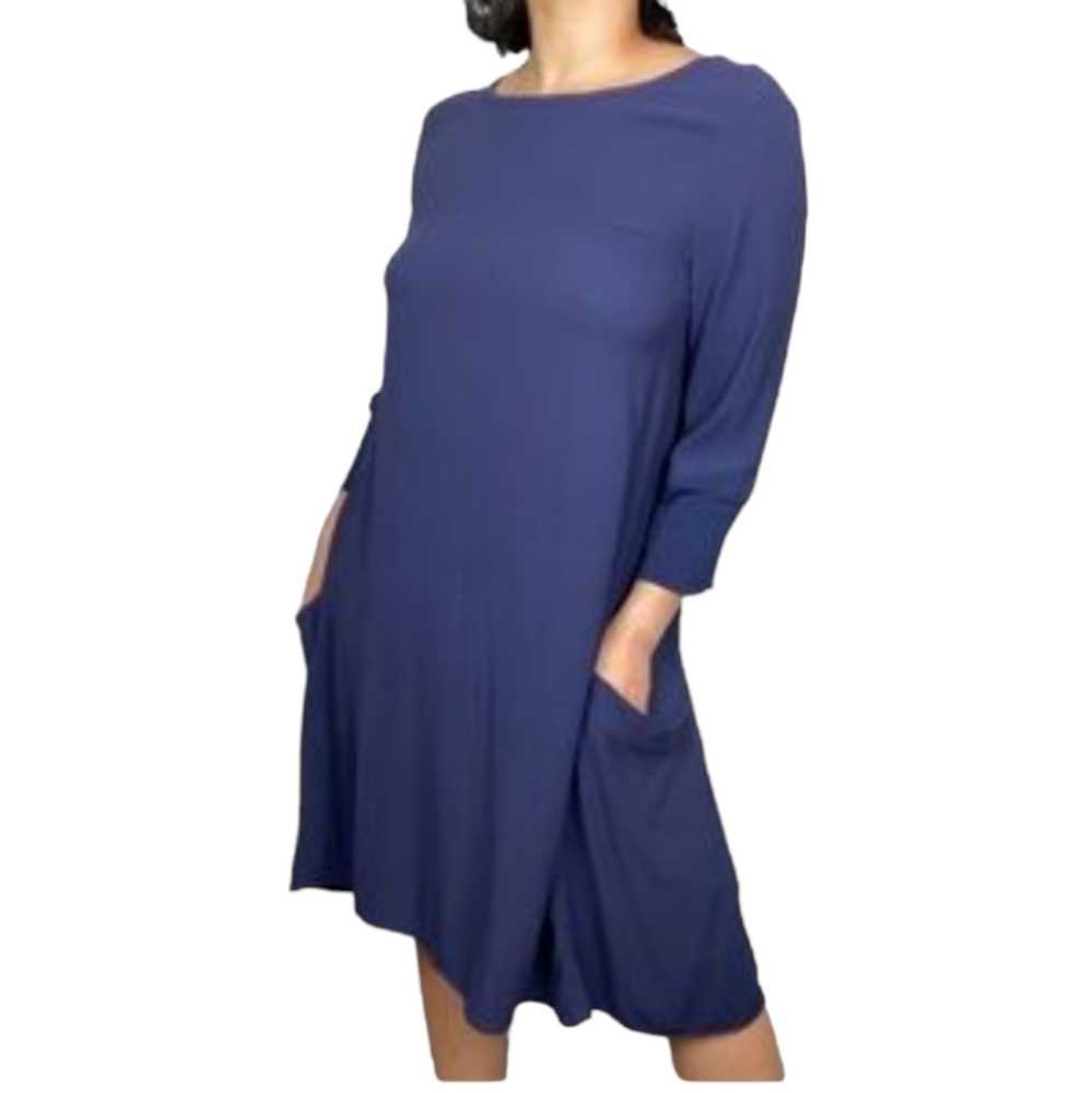 Eileen Fisher Blue 100% Silk Tunic Georgette Dress With Pockets 3/4 Slee…